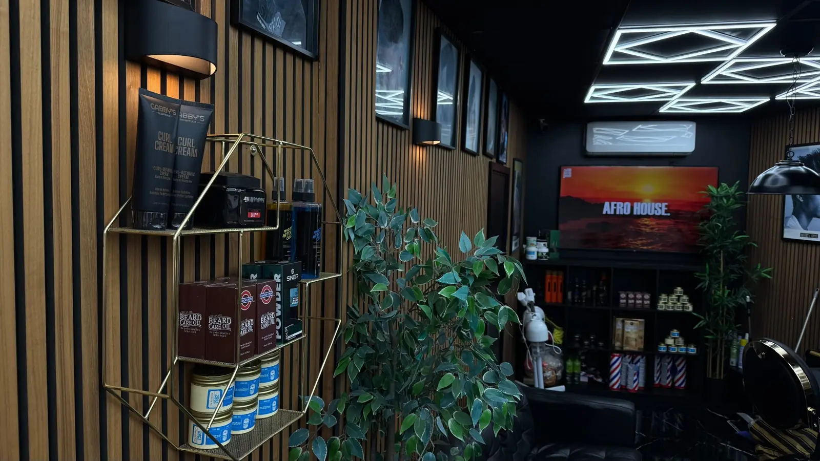 Product shelf, plant and the lounge area with a TV